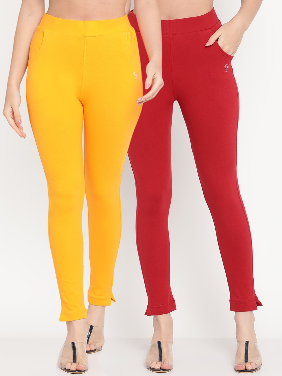 

TAG 7 Women Yellow & Maroon Pack of 2 Straight Fit Ankle-Length Leggings