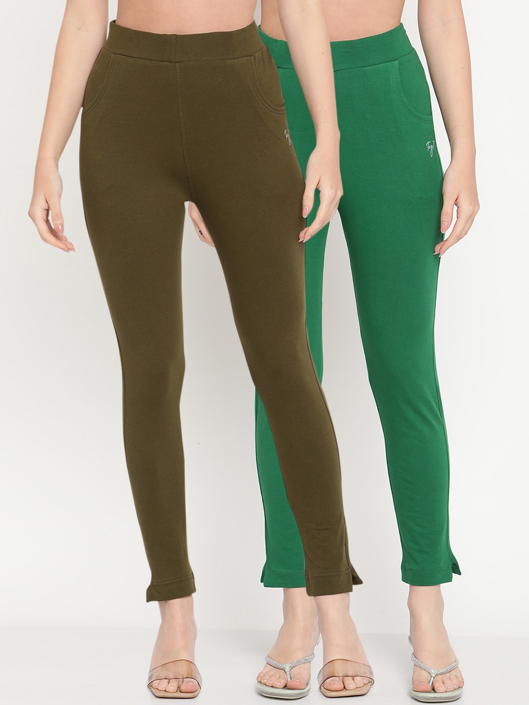 

TAG 7 Women Green Pack of 2 Straight Fit Ankle-Length Leggings, Olive