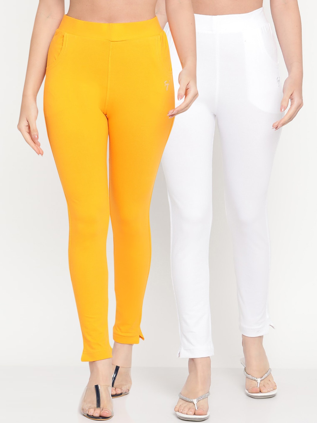 

TAG 7 Women Pack of 2 Yellow & White Solid Kurti Pants