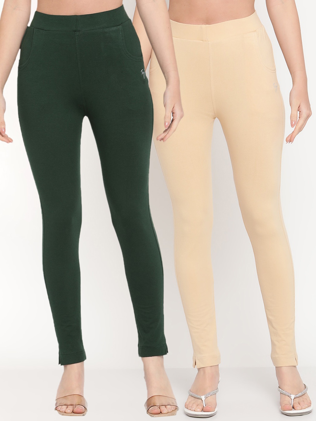 

TAG 7 Set Of 2 Green & Beige Solid Leggings