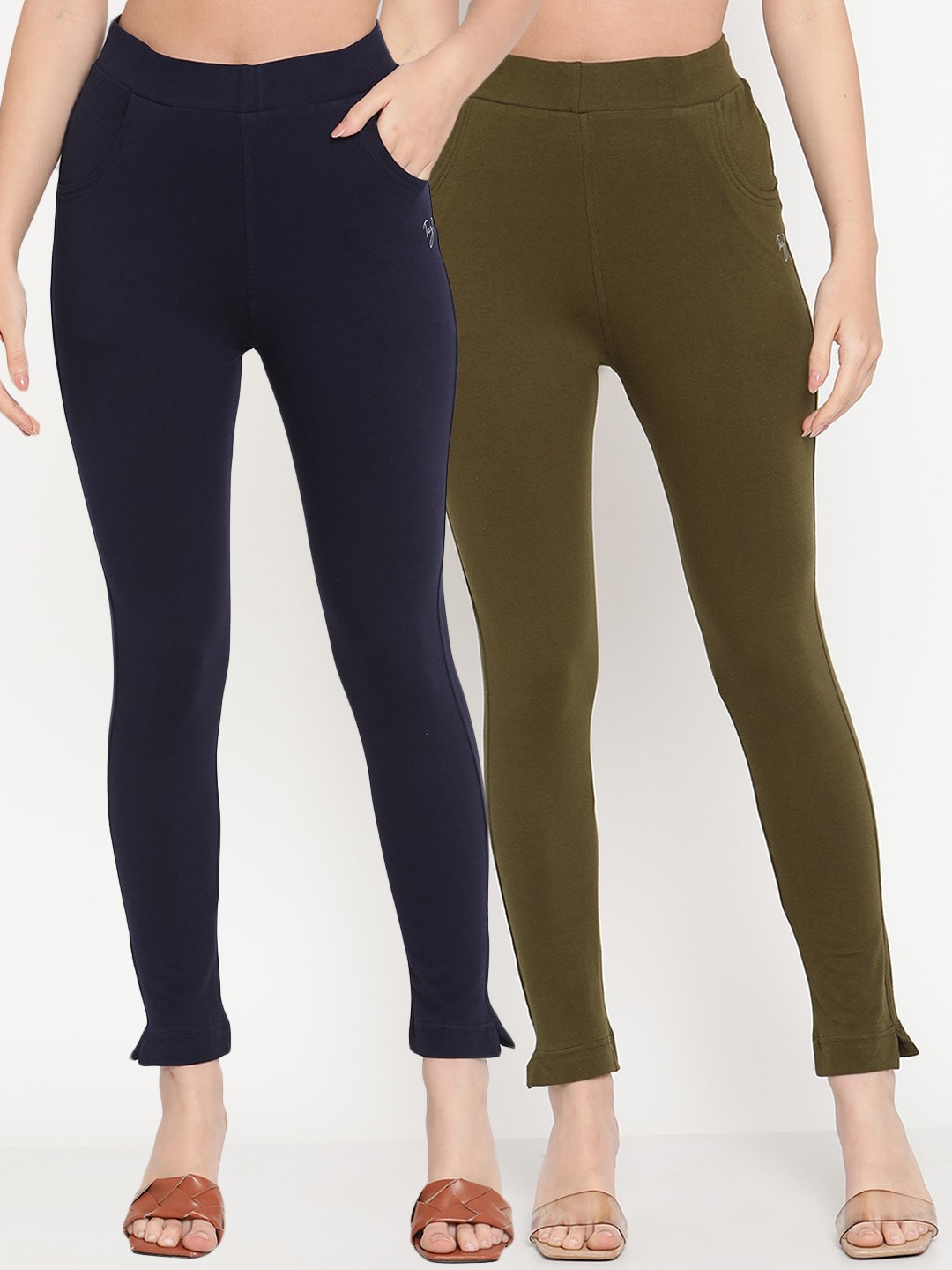 

TAG 7 Pack of 2 Olive Green & Navy Blue Ankle-Length Leggings