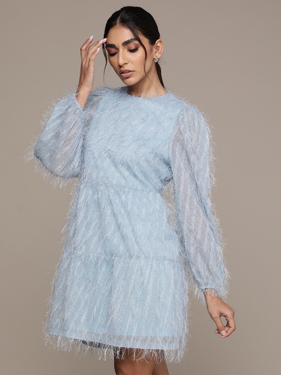 

bebe Blue Embellished Round Neck Bishop Sleeves Bling & Sparkly Party Tiered Dress