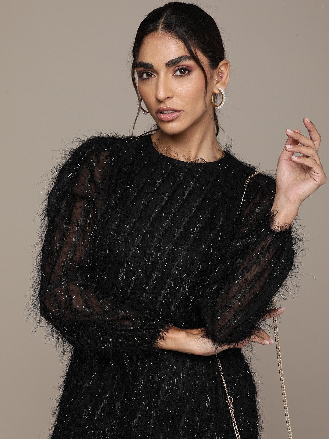 

bebe Black Embellished Round Neck Bishop Sleeves Bling & Sparkly Party Tiered Dress