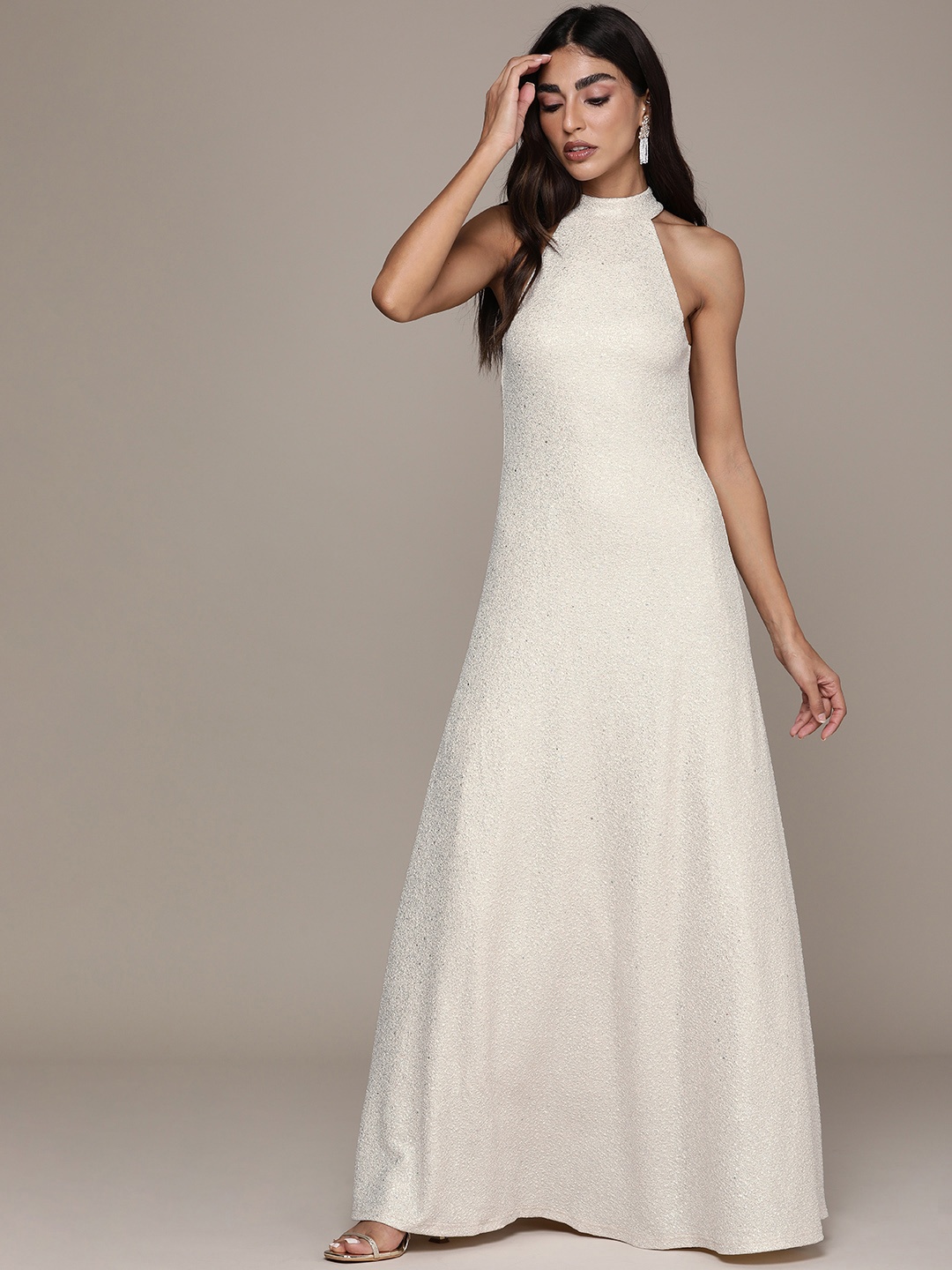 

bebe Cream-Coloured & Silver-Toned Self-Deisgned Sleevless Maxi Dress