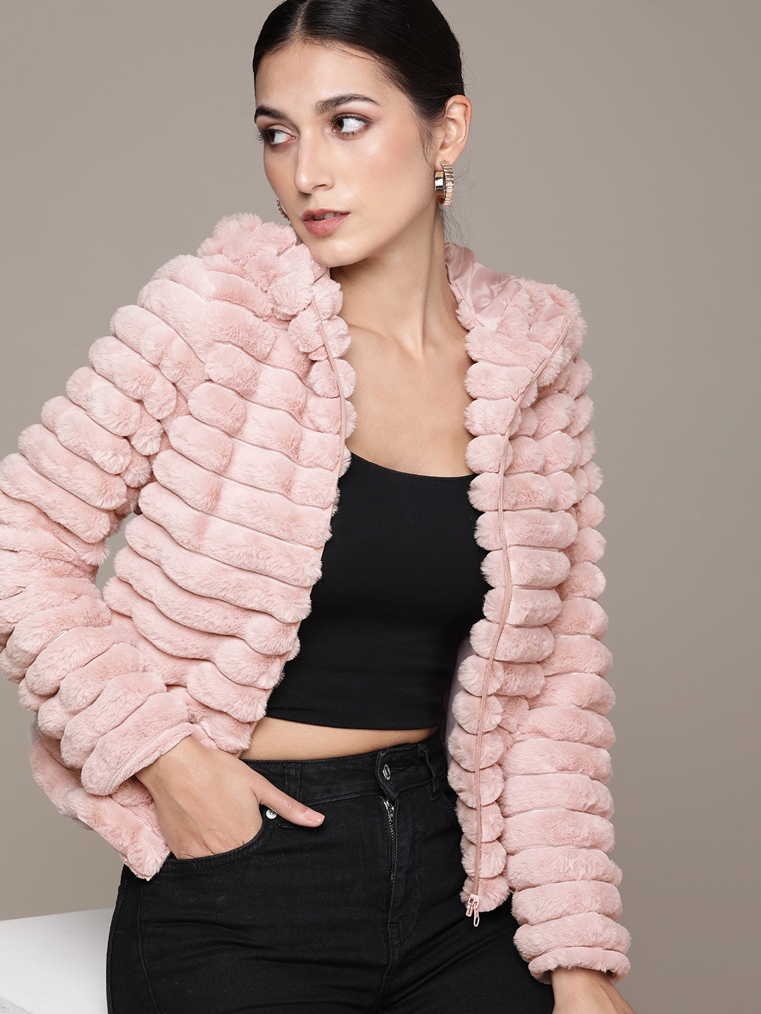 

bebe Women Peach-Coloured Self Design Faux Fur Trim Hooded Tailored Jacket