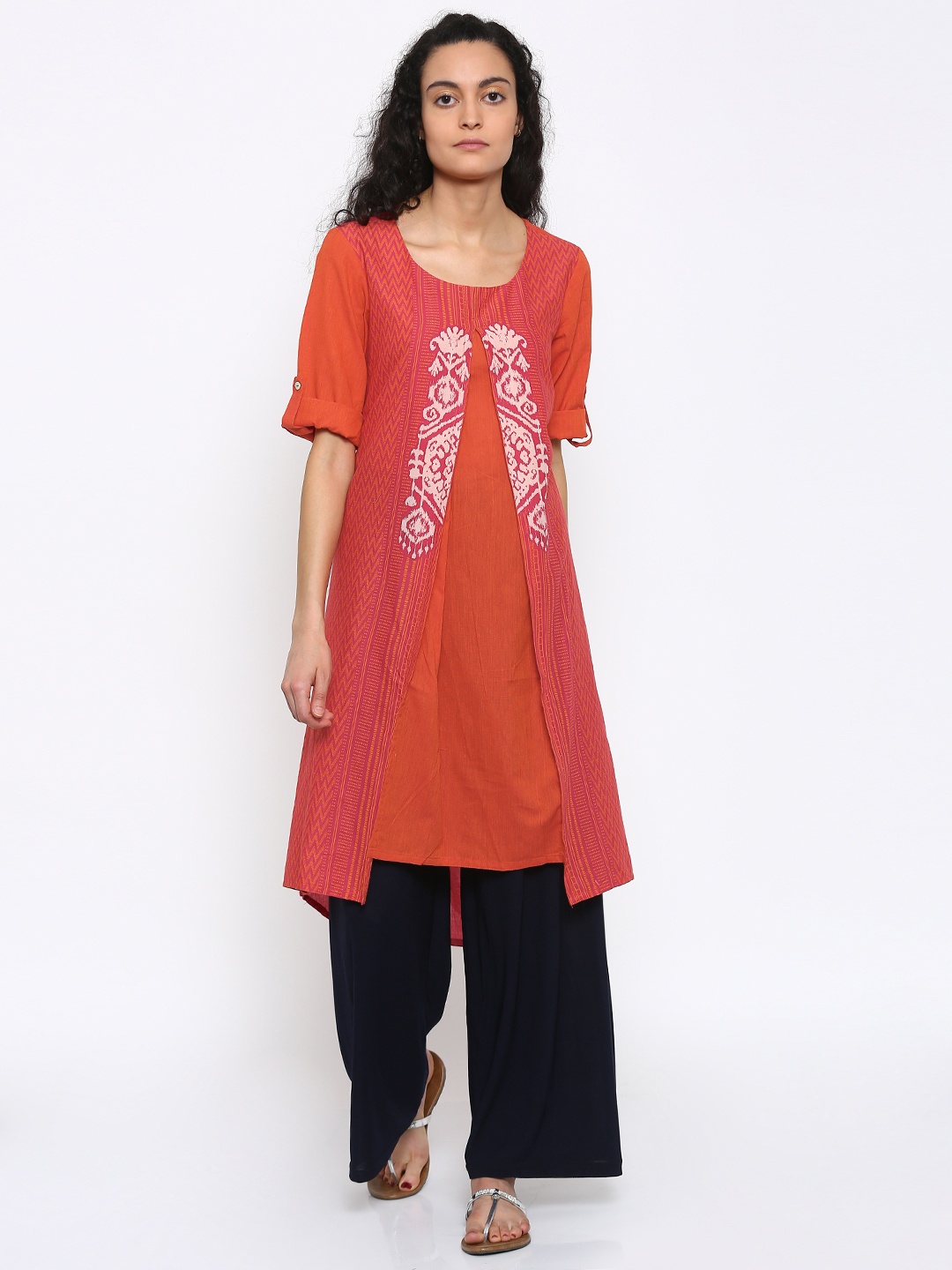

RANGMANCH BY PANTALOONS Women Orange & Pink Printed A-Line Kurta