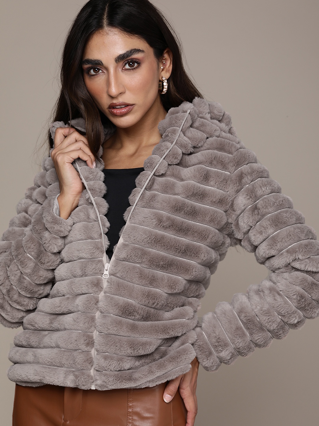 

bebe Women Brown Faux Fur Hooded Tailored Jacket