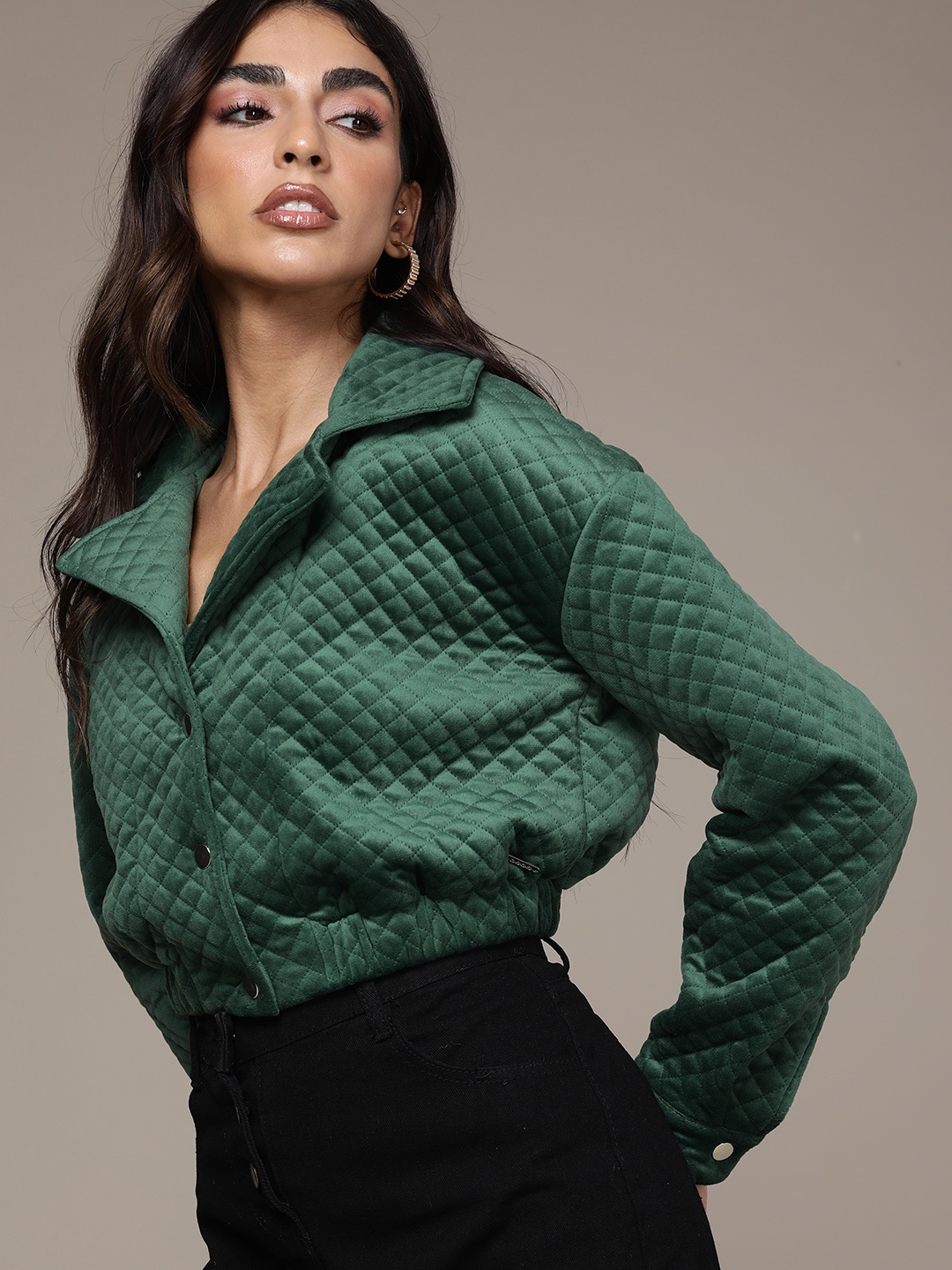 

bebe Women Green Checked Crop Quilted Jacket