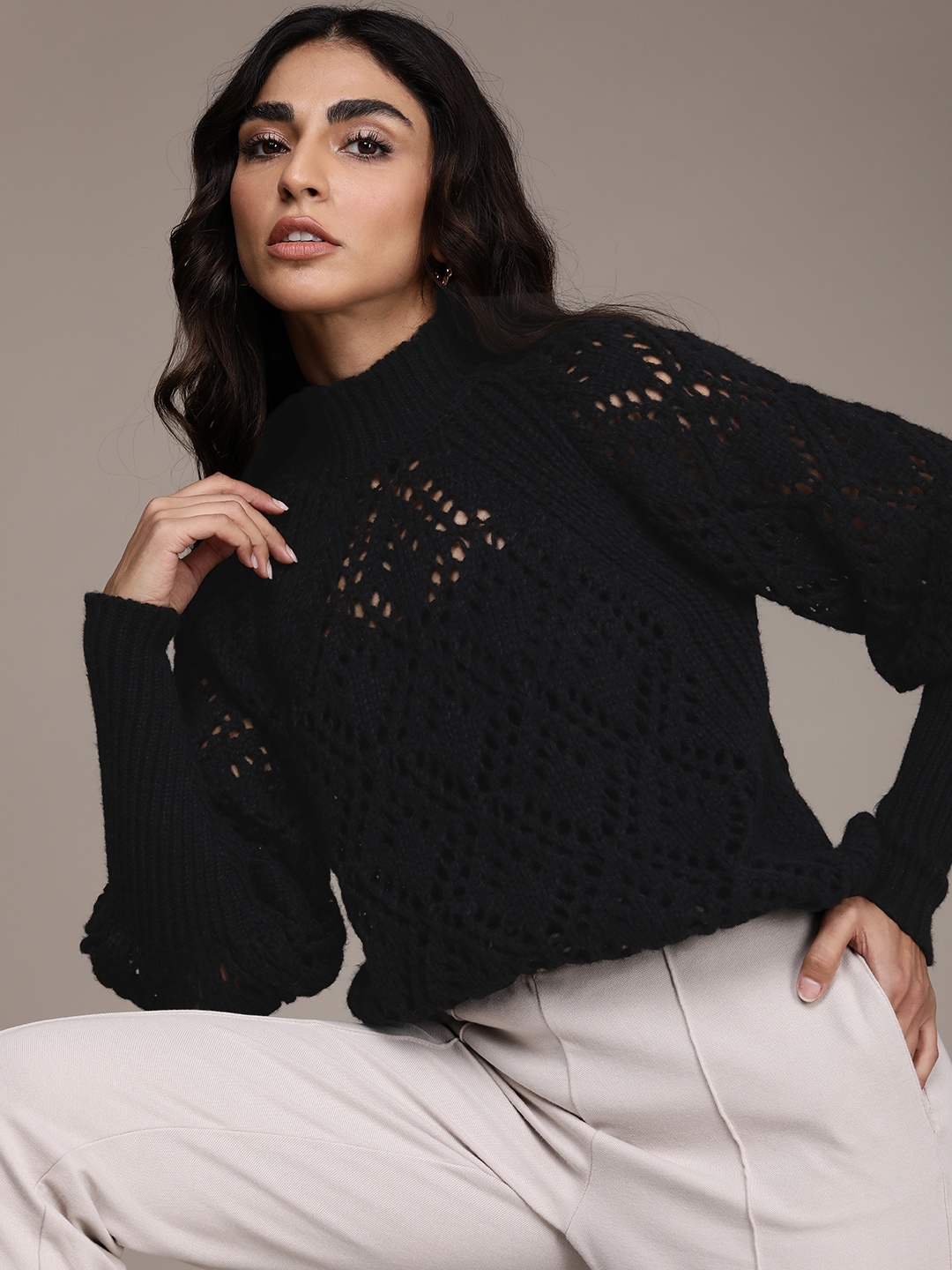

bebe Women Black Geometric Self Design Schiffli Pullover Sweater
