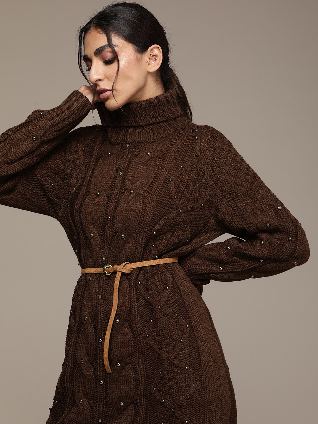 

bebe Brown Embellished Jumper Dress
