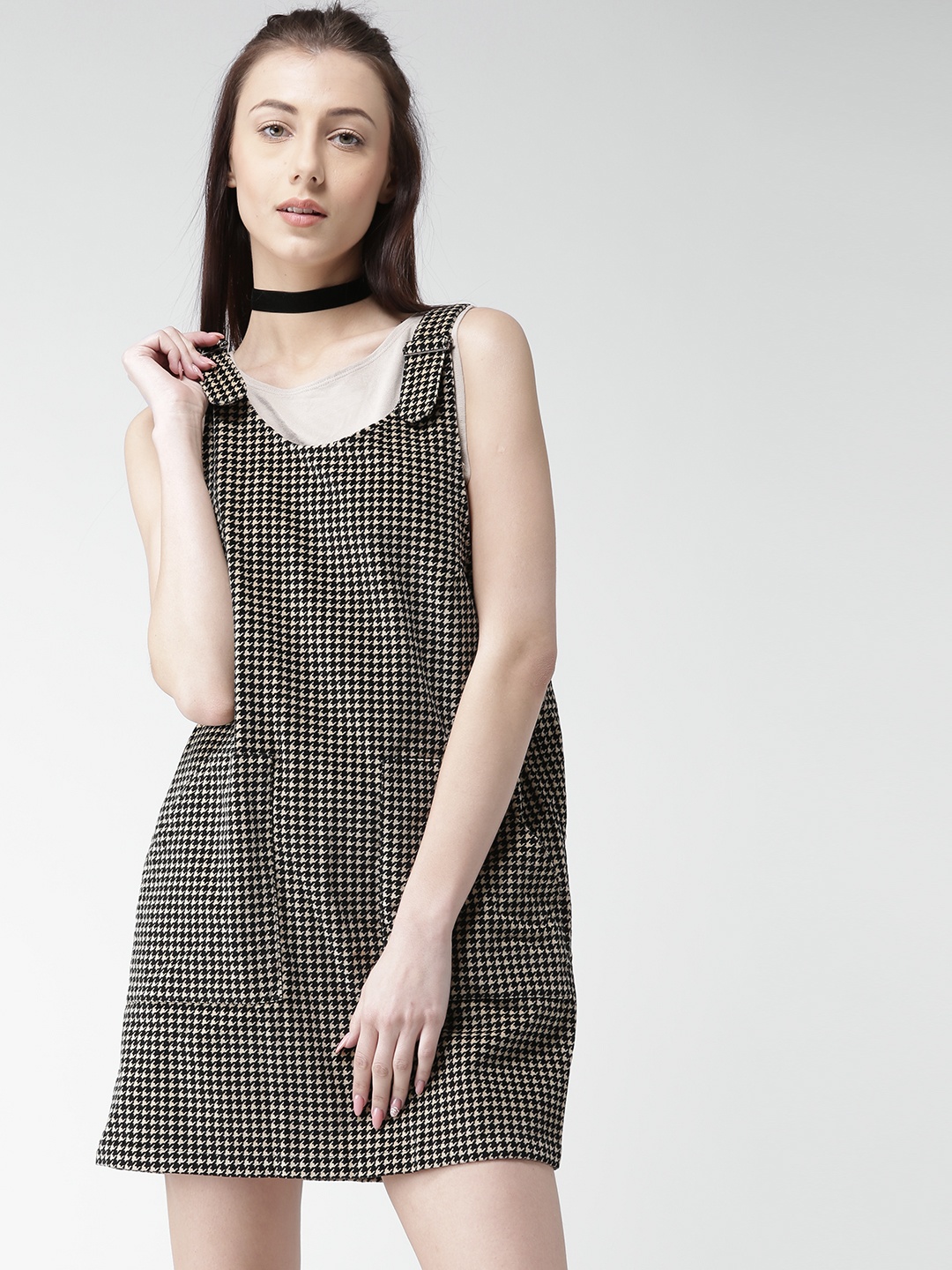 

FOREVER 21 Women Beige & Black Houndstooth Pattern A-Line Dress
