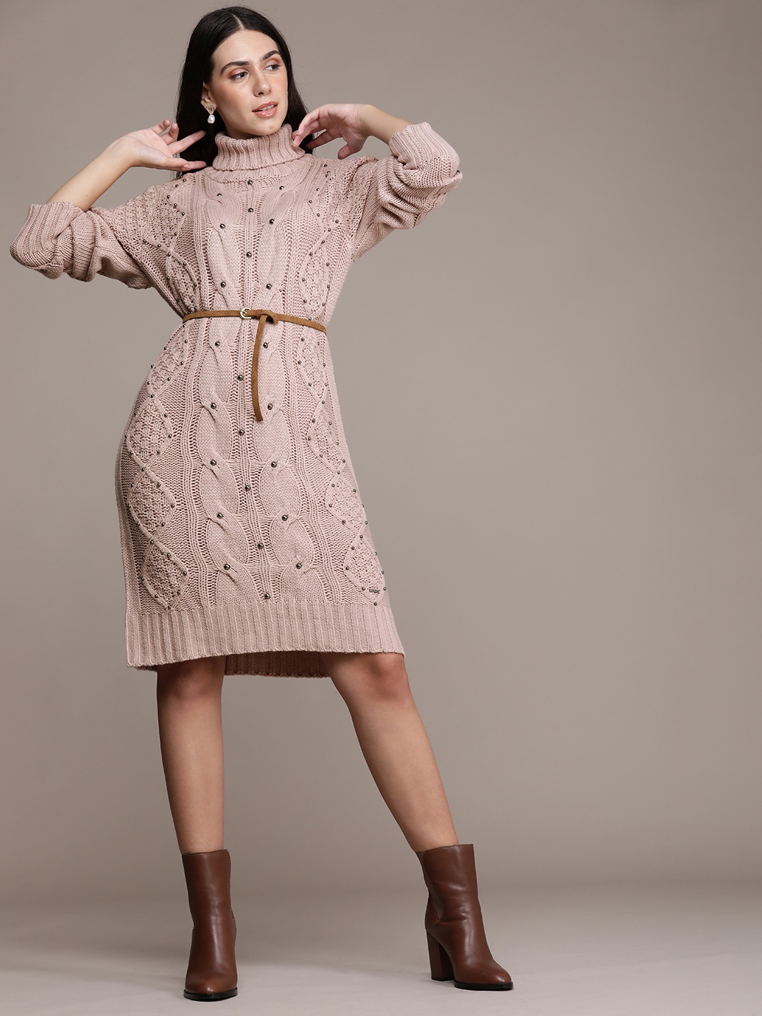 

bebe Nude Pink Cable Knits Self Design Mock Collar Extended Sleeves Studded Jumper Dress