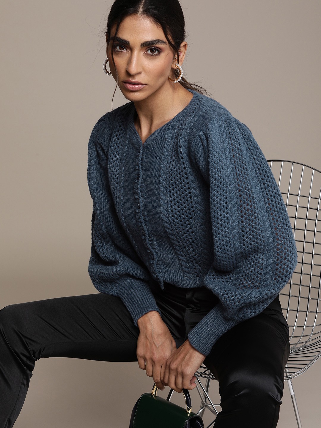 

bebe Women Navy Blue Crop Cardigan