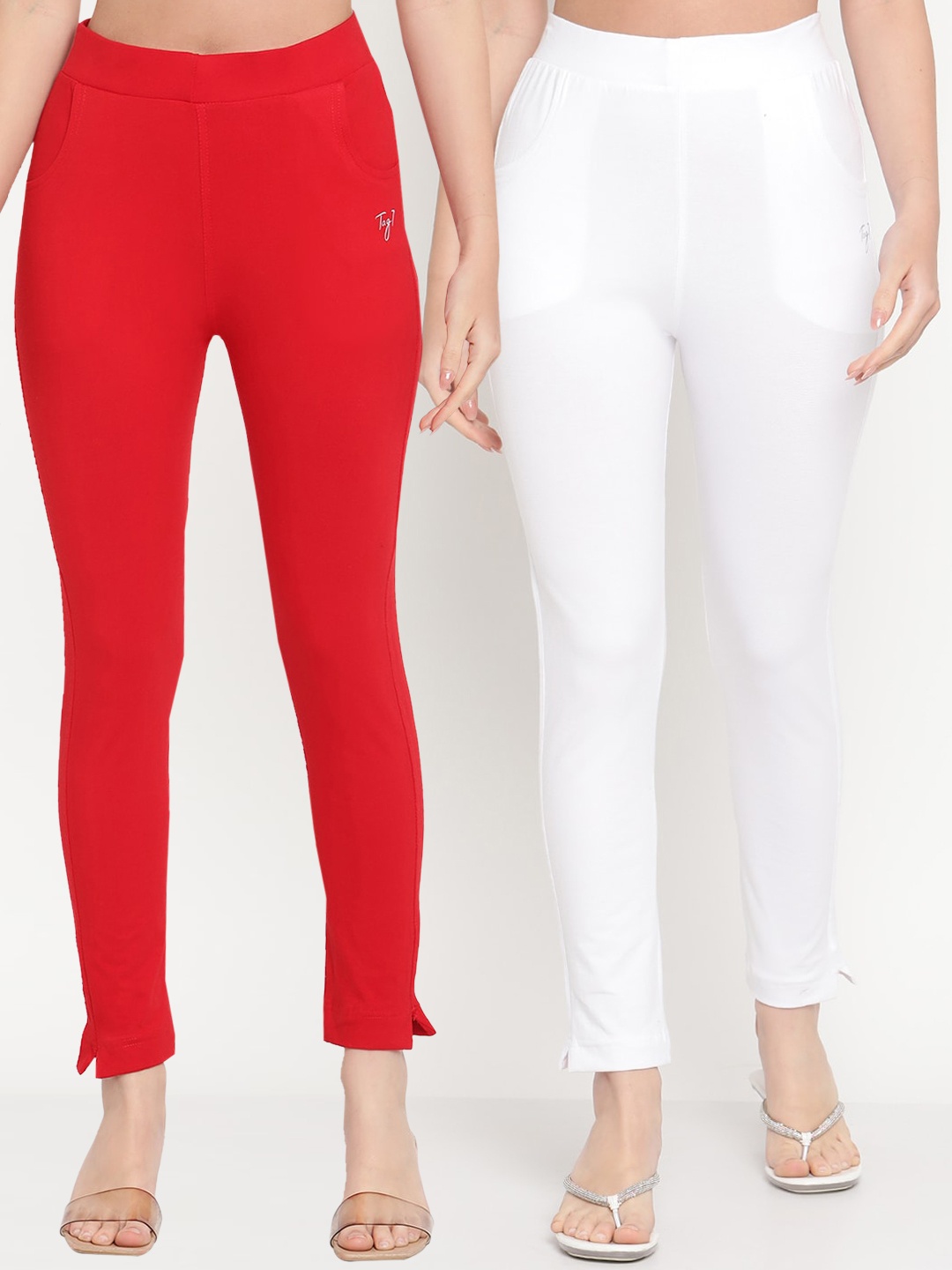 

TAG 7 Women Set of 2 Red & White Ankle Length Leggings