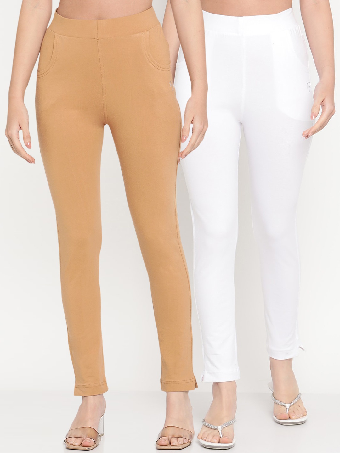 

TAG 7 Women Set of 2 Beige & White Ankle Length Leggings