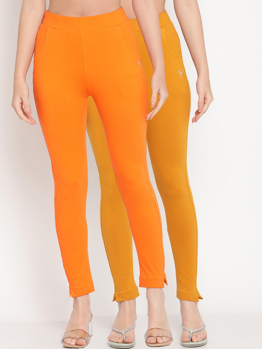 

TAG 7 Set Of 2 Orange & Mustard Yellow Solid Cotton Leggings