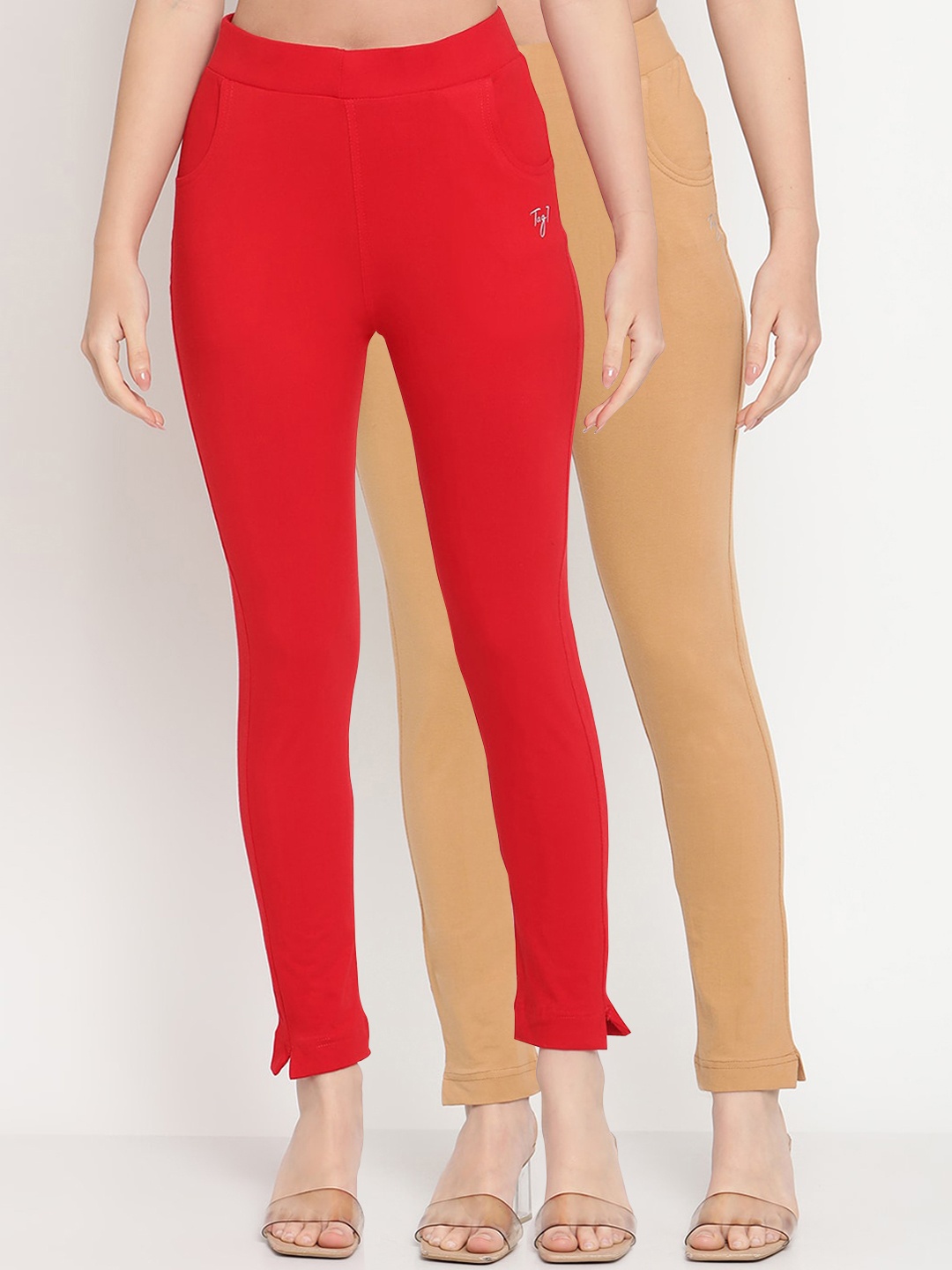 

TAG 7 Women Set of 2 Red & Beige Ankle Length Leggings