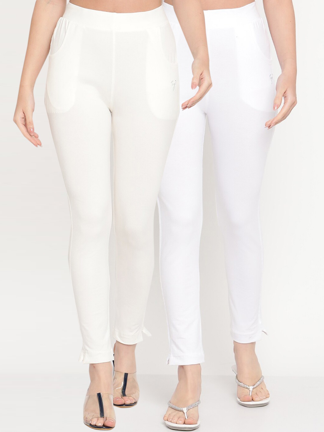 

TAG 7 Women White Pack of 2 Straight Fit Ankle-Length Leggings, Off white