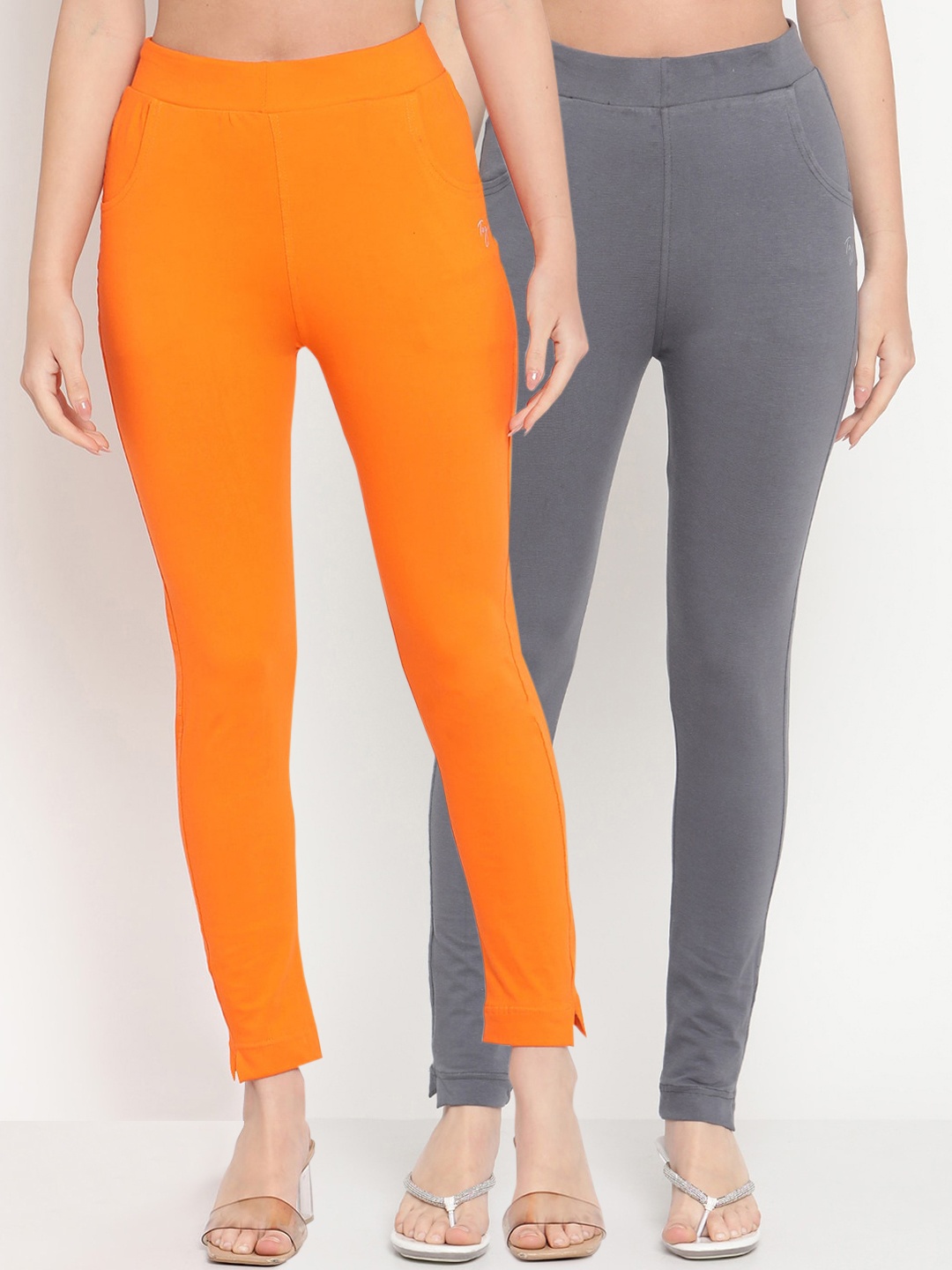 

TAG 7 Women Pack of 2 Orange & Grey Solid Kurti Pants