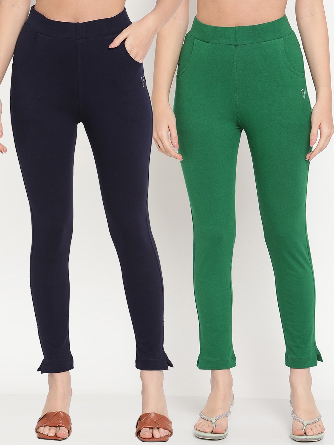 

TAG 7 Women Pack of 2 Green & Navy Blue Solid Kurti Pants