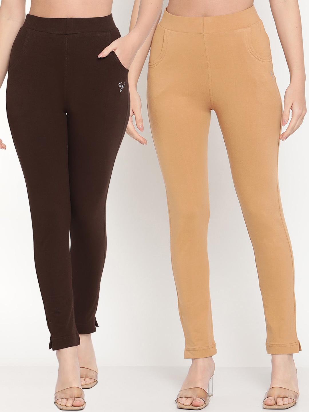 

TAG 7 Women Beige & Brown Pack of 2 Straight Fit Ankle-Length Leggings