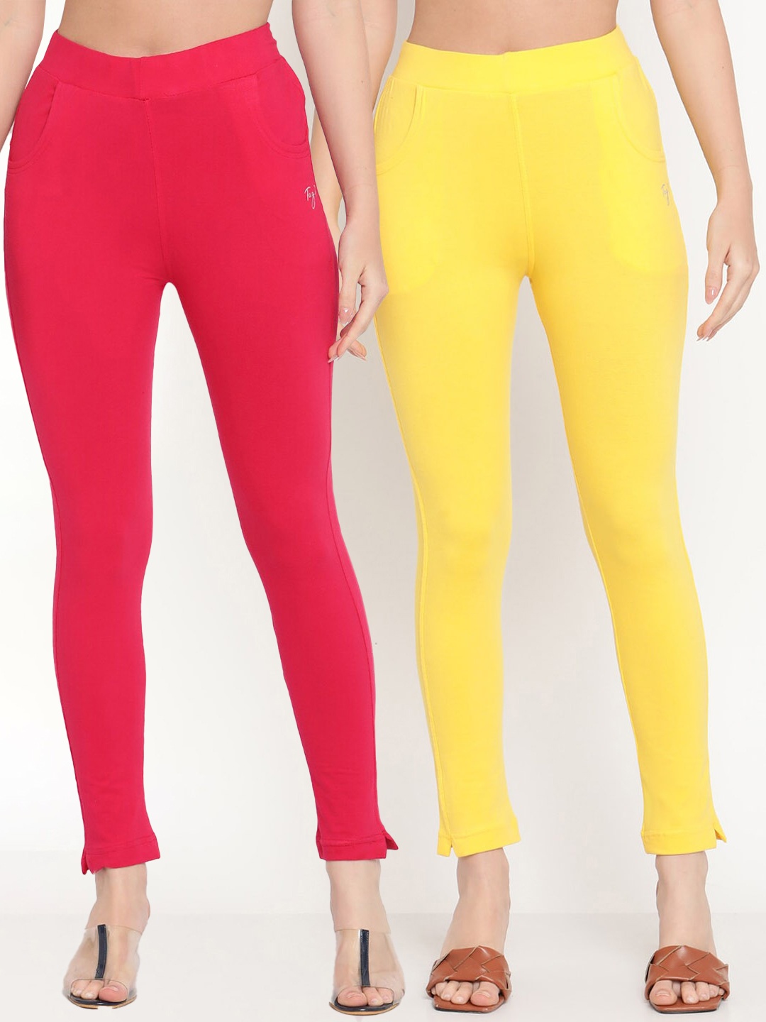 

TAG 7 Women Magenta & Yellow Pack of 2 Straight Fit Ankle-Length Leggings