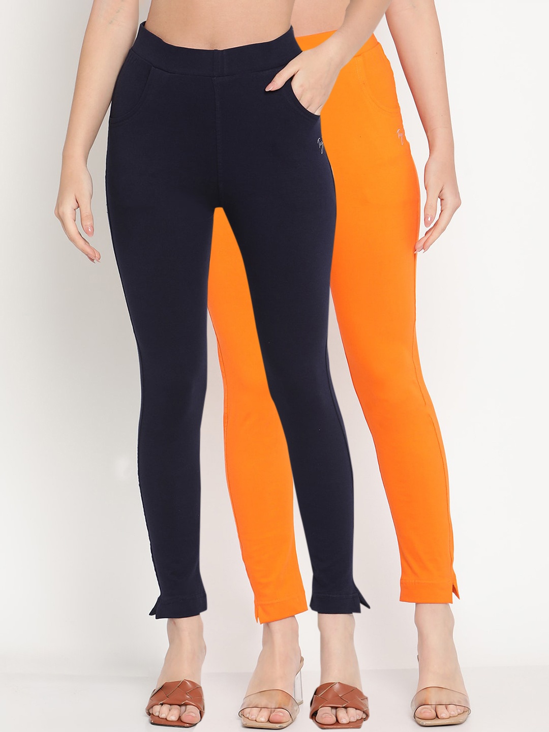 

TAG 7 Women Pack of 2 Navy blue & Orange Solid Kurti Pants