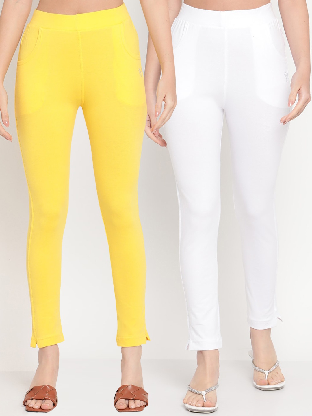 

TAG 7 Women Yellow & White Pack of 2 Straight Fit Ankle-Length Leggings