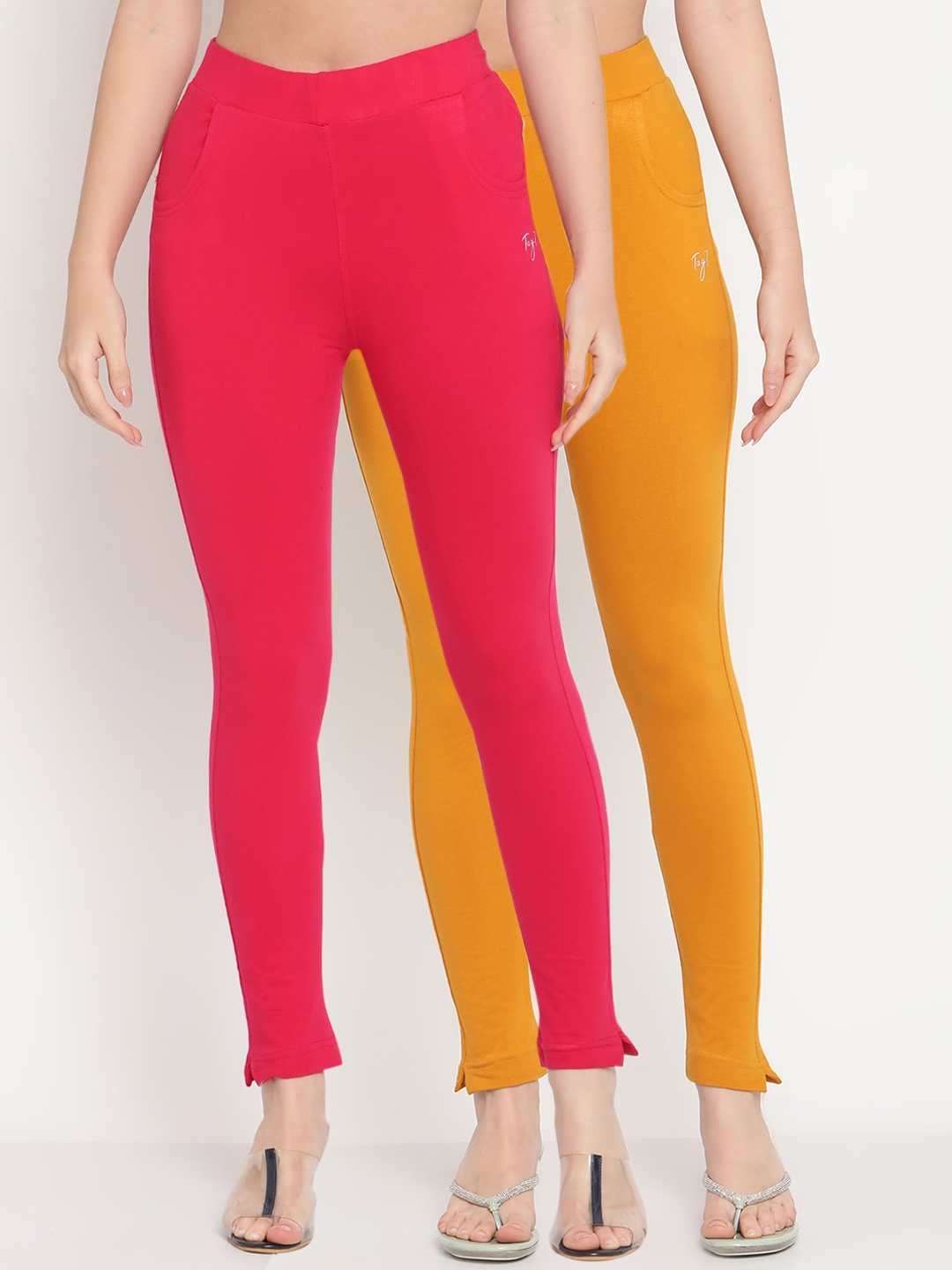 

TAG 7 Women Pack of 2 Pink & Mustard Yellow Solid Kurti Pants