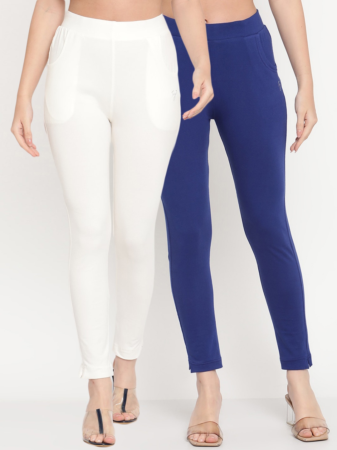 

TAG 7 Women Blue & Off-White Pack of 2 Straight Fit Ankle-Length Leggings