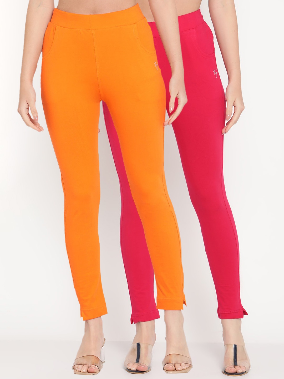 

TAG 7 Women Magenta & Orange Pack of 2 Straight Fit Ankle-Length Leggings