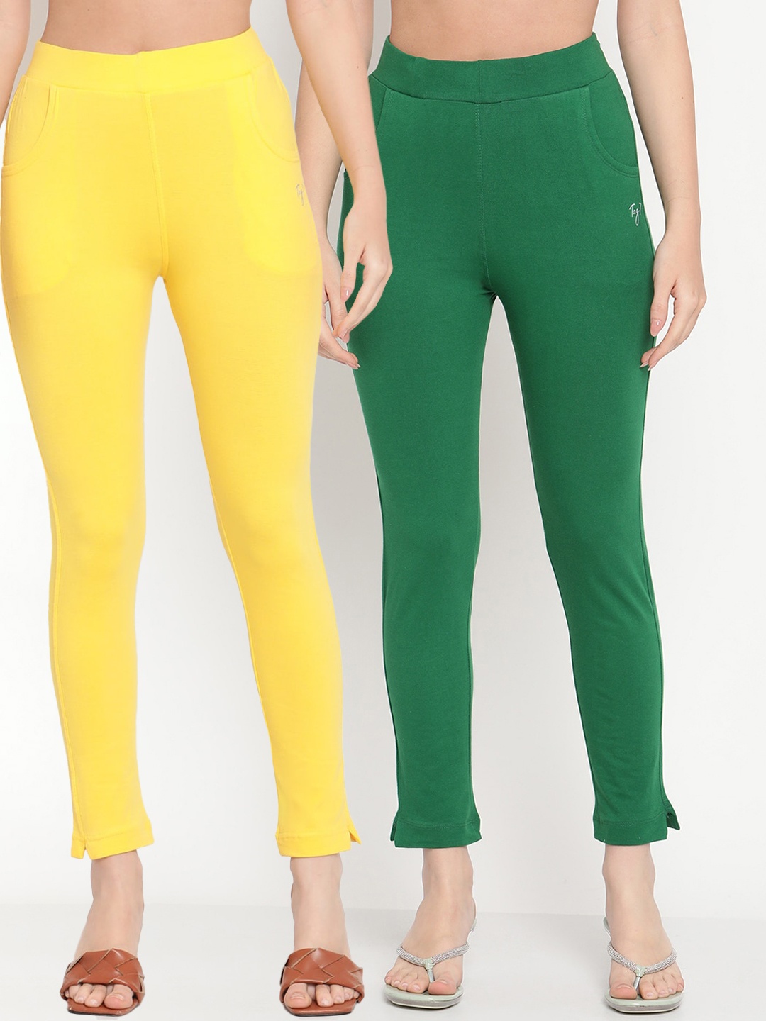 

TAG 7 Women Pack of 2 Green & Yellow Solid Kurti Pants