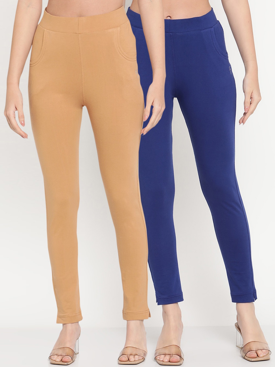 

TAG 7 Women Set of 2 Beige & Blue Ankle Length Leggings
