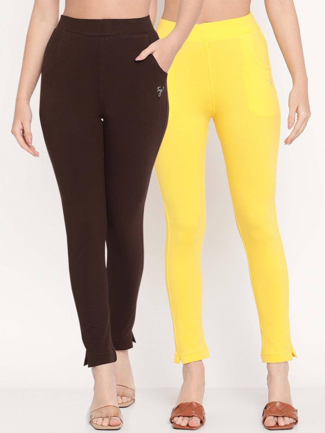 

TAG 7 Women Set of 2 Yellow & Brown Ankle Length Leggings