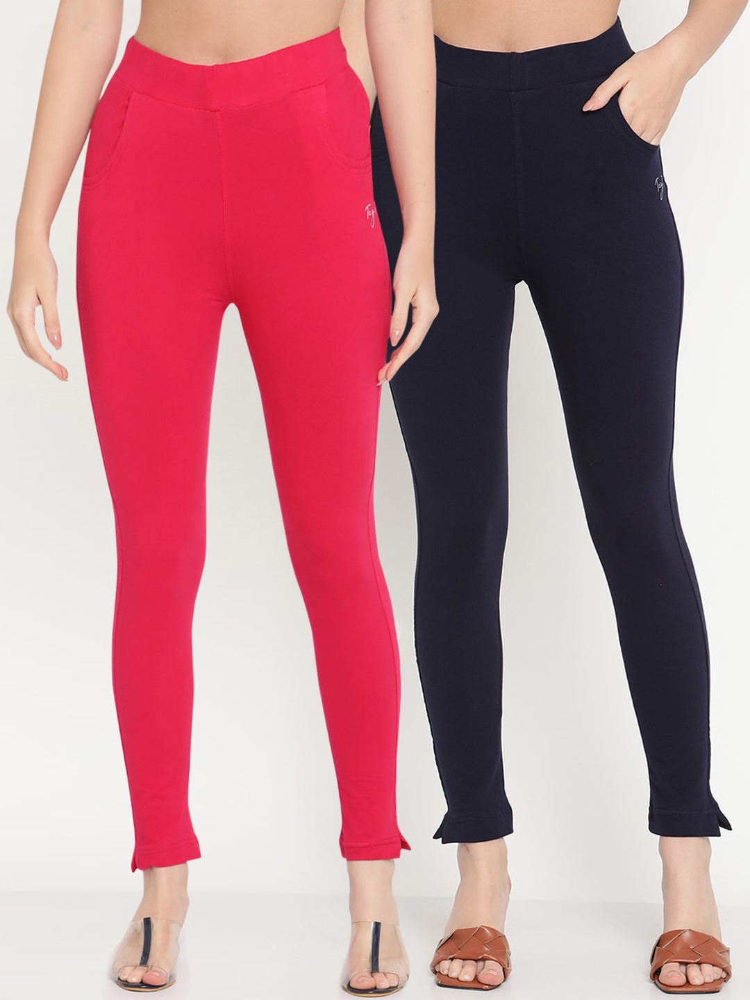 

TAG 7 Women Magenta & Navy Blue Set of 2 Solid Ankle Length Cotton Leggings