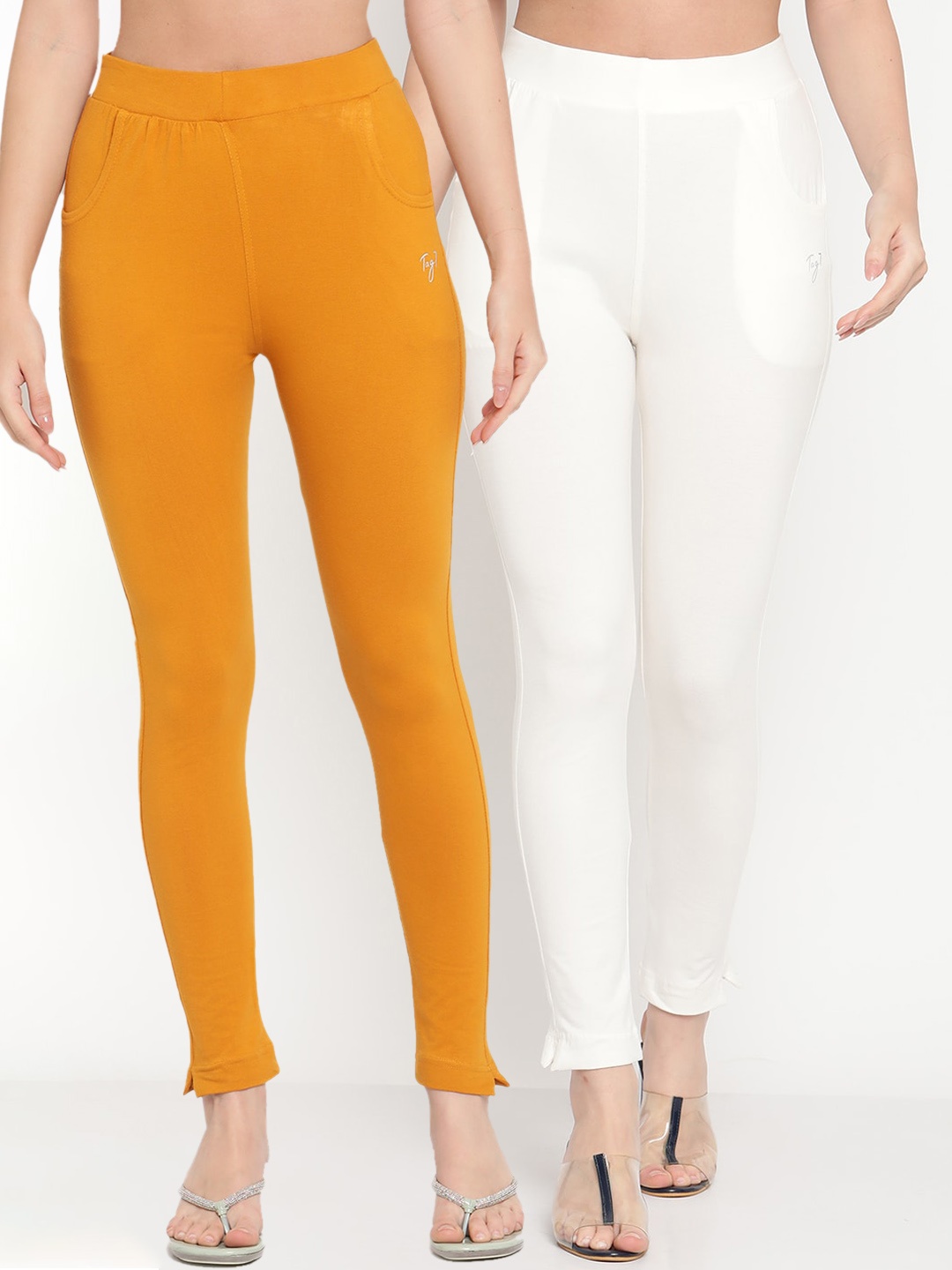 

TAG 7 Set Of 2 Mustard Yellow & White Solid Leggings