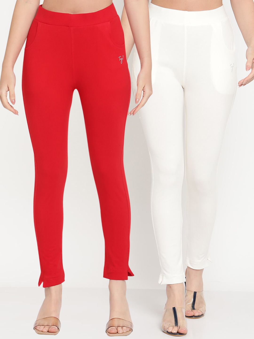 

TAG 7 Set Of 2 Red & White Solid Leggings