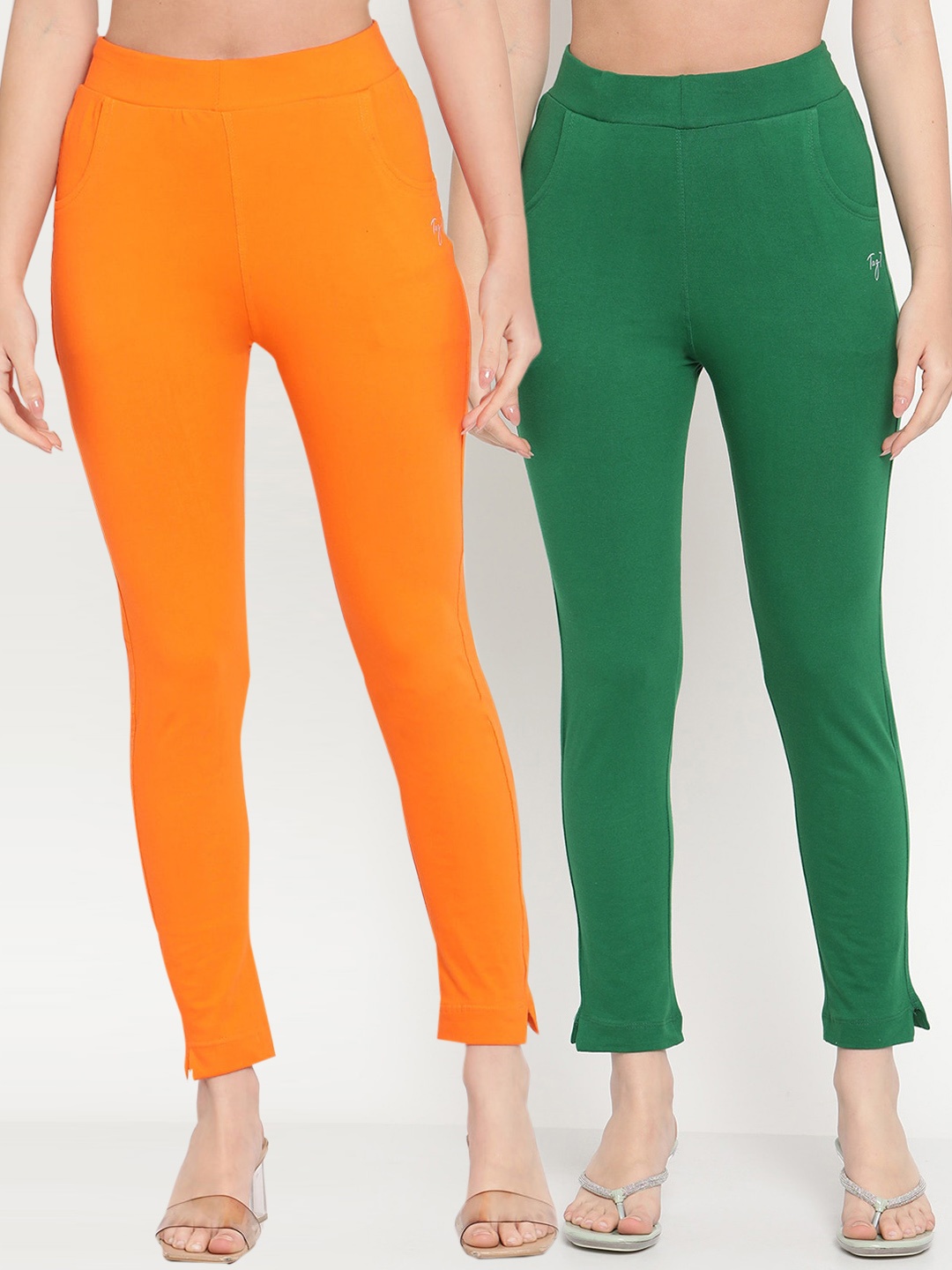 

TAG 7 Set Of 2 Orange & Green Solid Leggings
