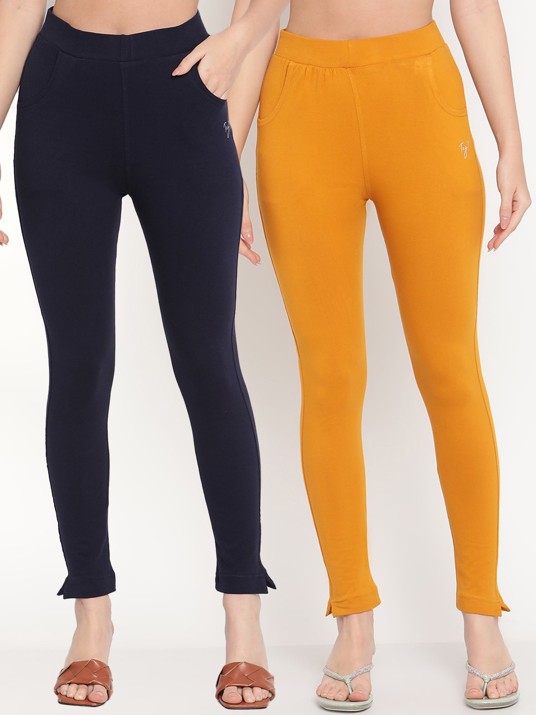 

TAG 7 Women Navy Blue & Mustard Yellow Pack of 2 Straight Fit Ankle-Length Leggings