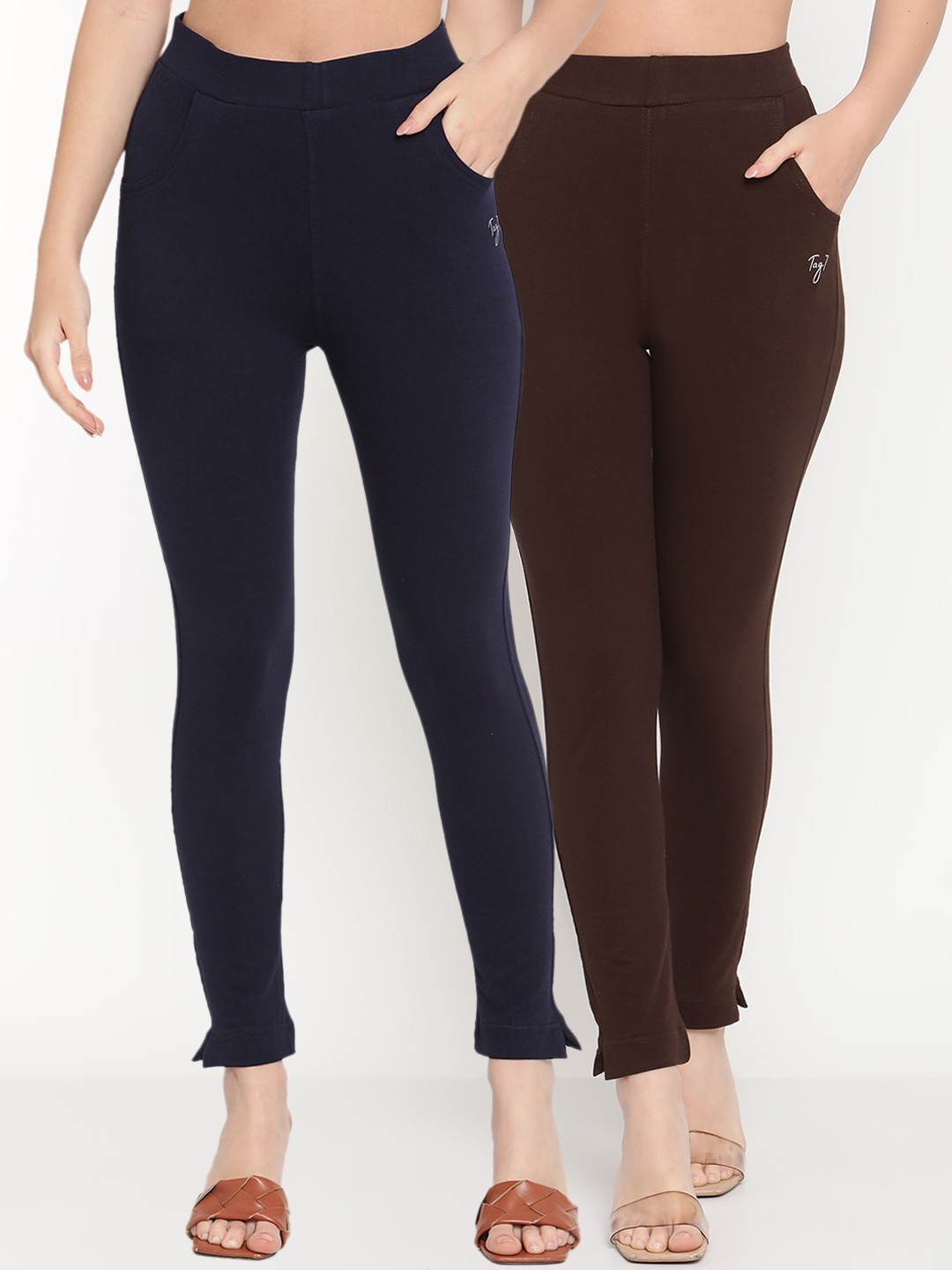 

TAG 7 Women Navy Blue & Brown Pack Of 2 Solid Comfort-Fit Ankle-Length Leggings