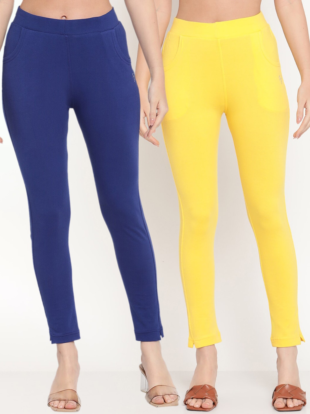 

TAG 7 Women Set Of 2 Solid Blue & Yellow Leggings