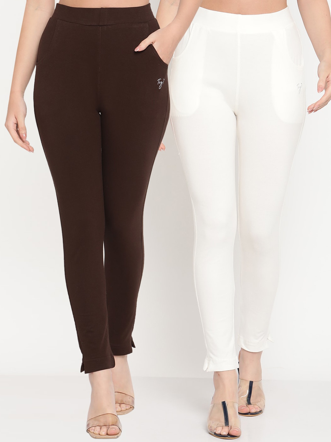 

TAG 7 Women Brown & Off-White Pack of 2 Straight Fit Ankle-Length Leggings