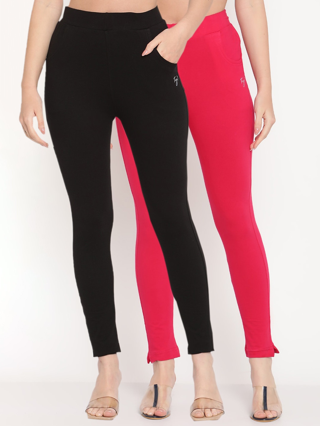 

TAG 7 Women Magenta & Black Pack of 2 Straight Fit Ankle-Length Leggings