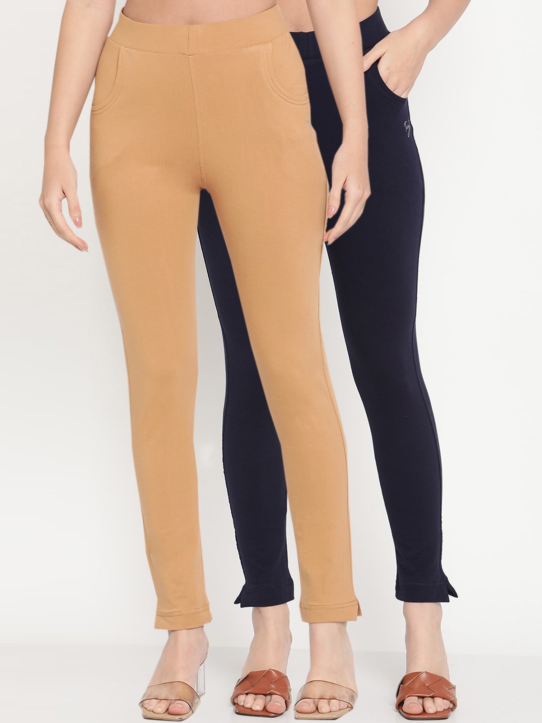 

TAG 7 Women Beige & Navy Blue Pack of 2 Straight Fit Ankle-Length Leggings