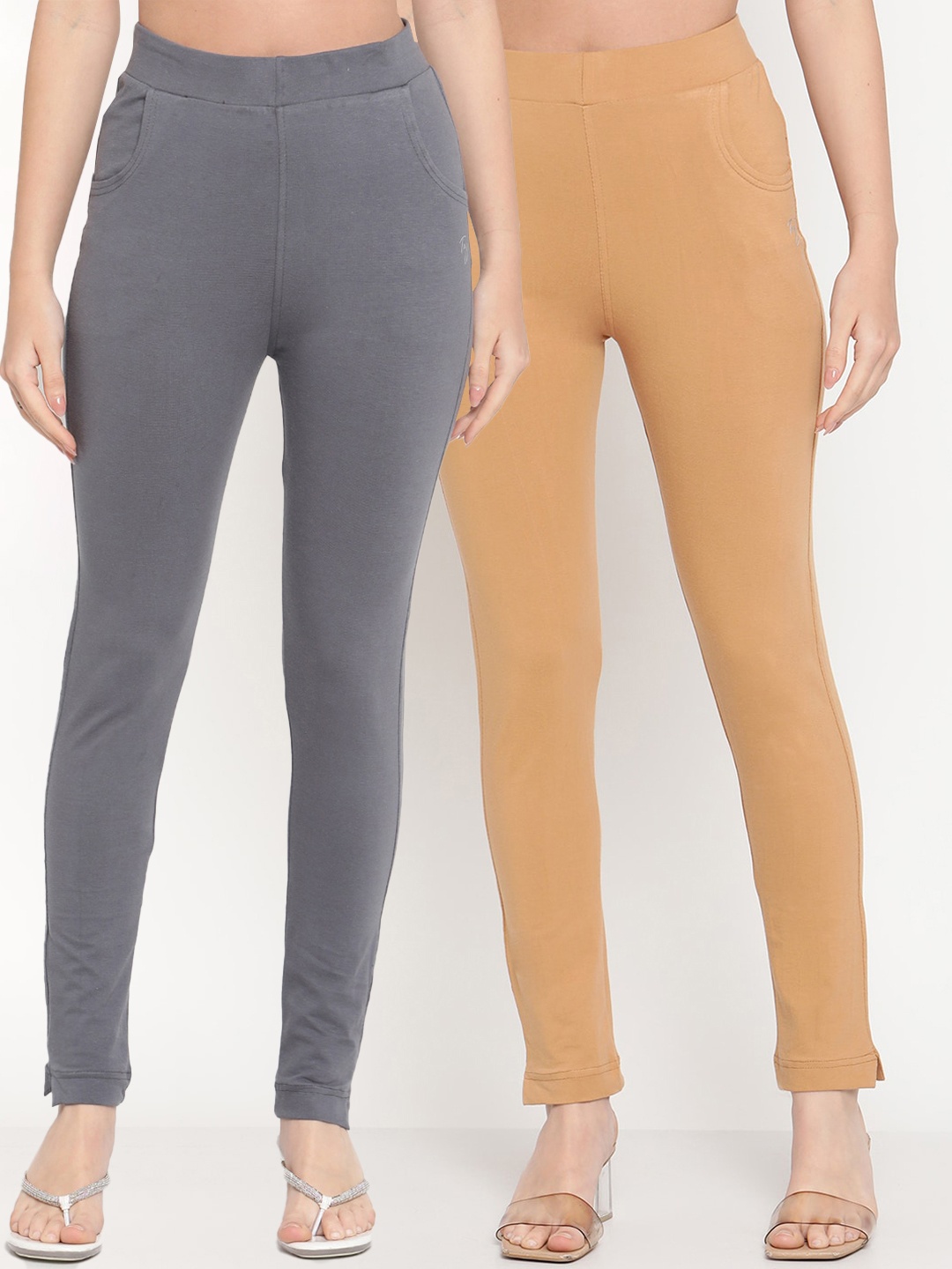 

TAG 7 Set Of 2 Grey & Beige Solid Leggings