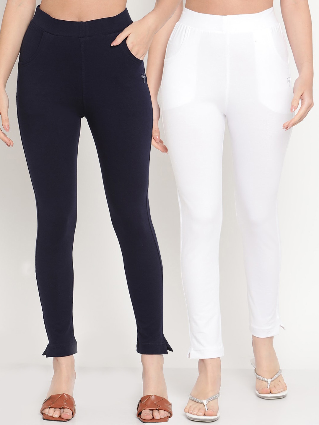 

TAG 7 Women Pack of 2 Navy Blue & White Solid Kurti Pants