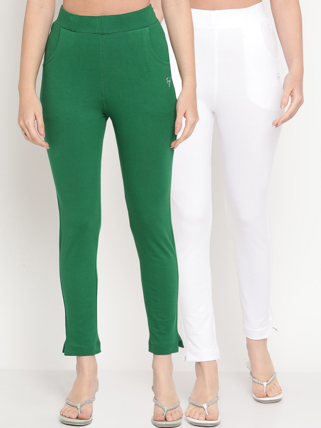 

TAG 7 Set Of 2 Green & White Solid Leggings