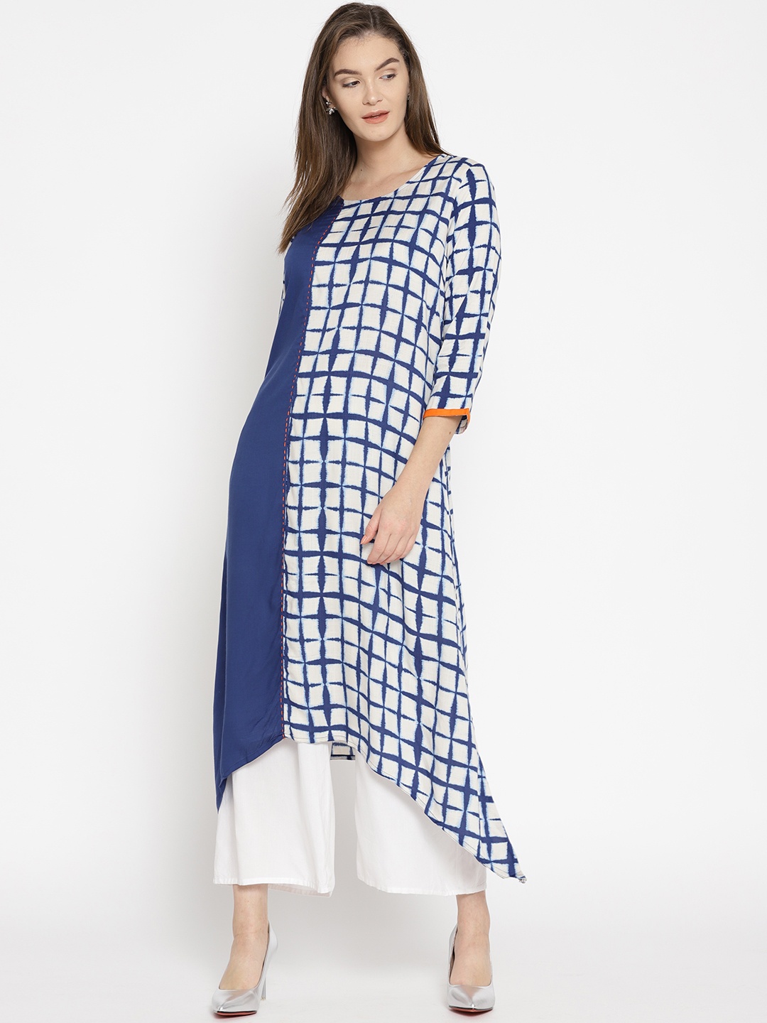 

RANGMANCH BY PANTALOONS Women Blue & Off-White Checked A-Line Asymmetric Kurta