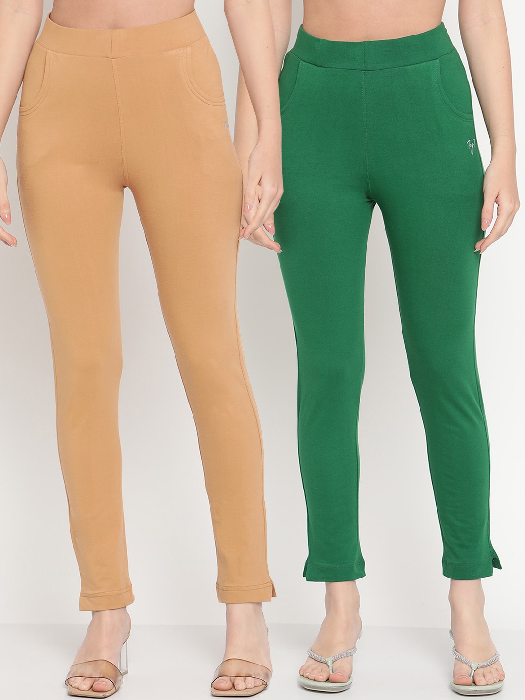 

TAG 7 Set Of 2 Green & Beige Solid Leggings
