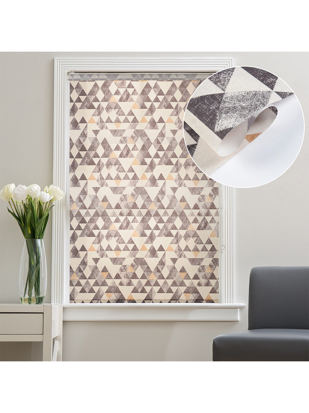 

Deco Window Grey & Peach Geometric Room Darkening Window Roller Blinds